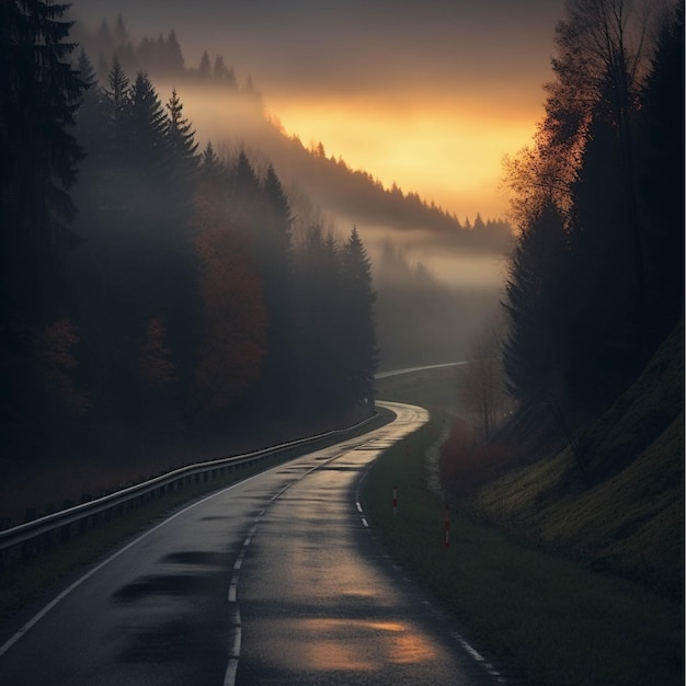 Highway in the forest Conceptual image of travel and adventure