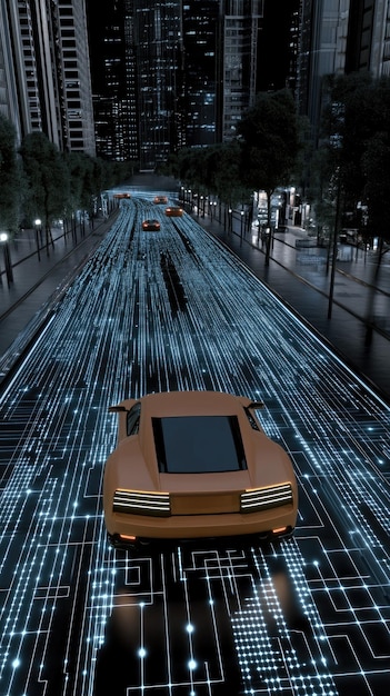 Photo a highway illuminated by glowing lines represents data flow as vehicles travel through a smart city demonstrating the integration of technology and transportation