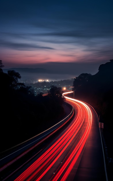 Highway in the mountains at night with motion blur and blue sky