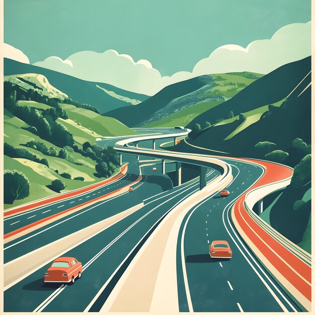 Photo highway in the mountains with cars on the road vector illustration