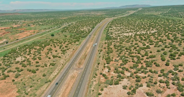 A highway in New Mexico along the desert landscape of American country