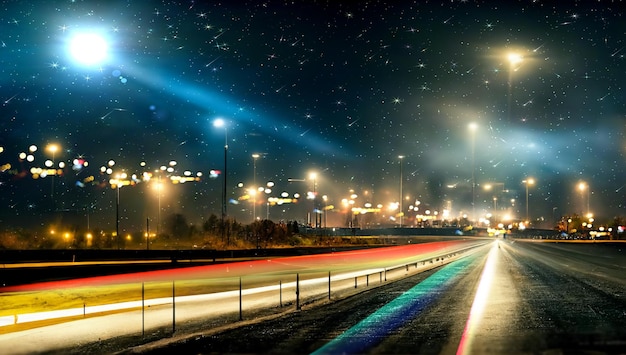 highway at night , city light blurred reflection on horizon road starry sky and moon night way