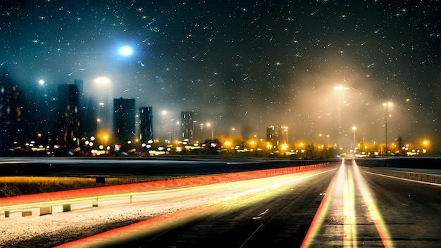 highway at night , city light blurred reflection on horizon road starry sky and moon night way