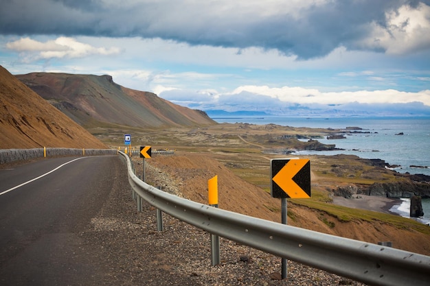 Highway at sea coastline of East Iceland