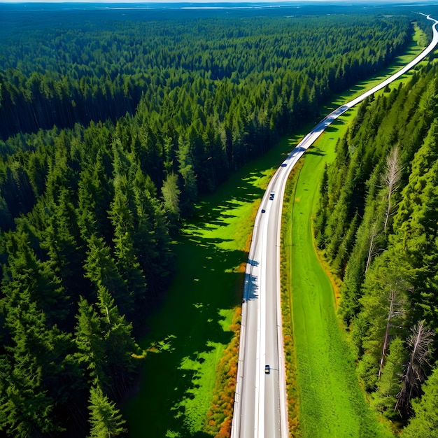 A highway with a car on it and a forest in the background.