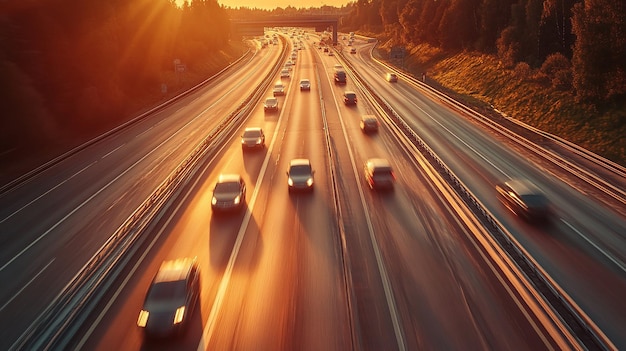 a highway with cars on it and the sun is setting