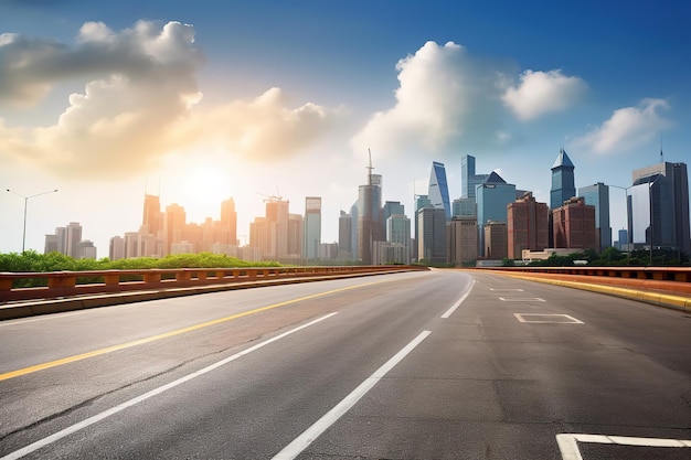 A highway with a cityscape in the background