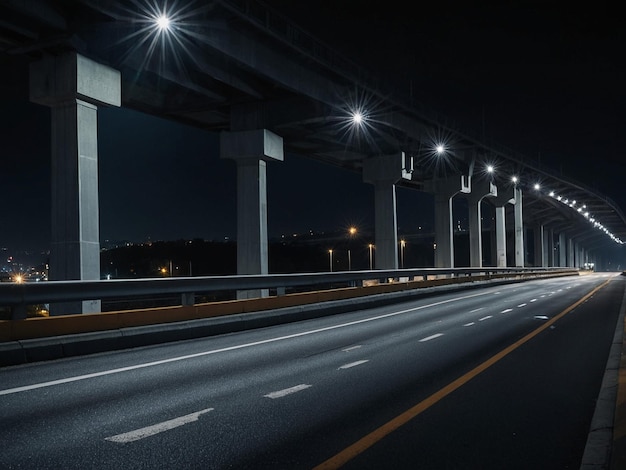 a highway with lights on it and a car driving under it