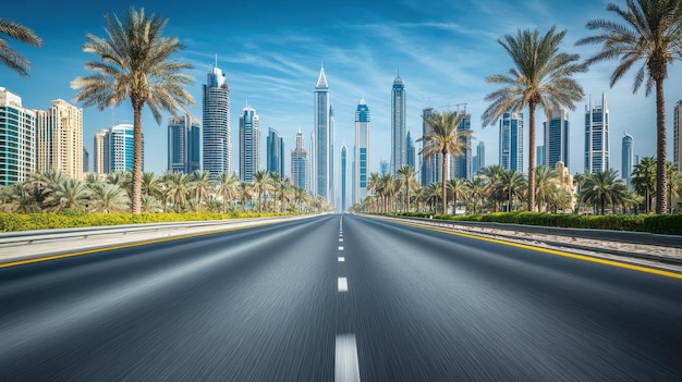 a highway with palm trees and a city in the background