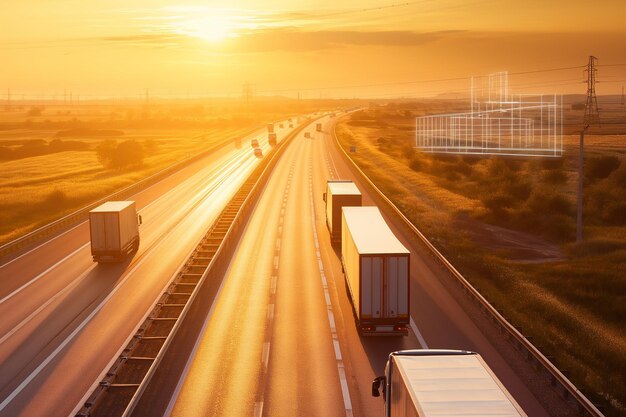 Photo a highway with a yellow sunset and a truck on it