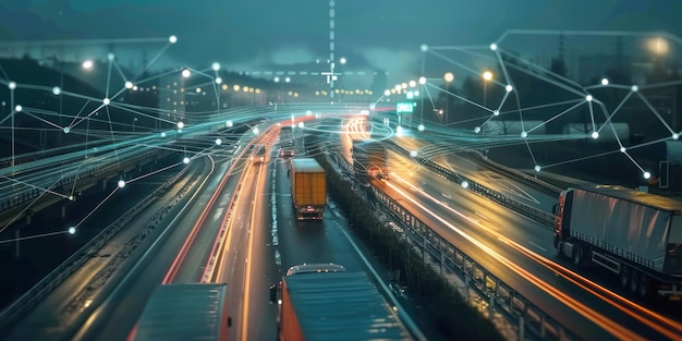 Photo a highway with a yellow truck and a large truck on it