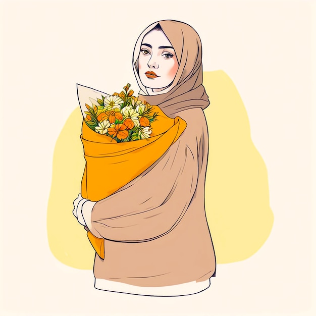 Hijab Beauty woman holding a bouquet of flowers