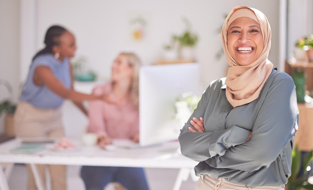 Hijab senior business manager and woman portrait of a muslim ceo happy about office teamwork Proud web marketing leader with working women team smile about startup success and leadership growth