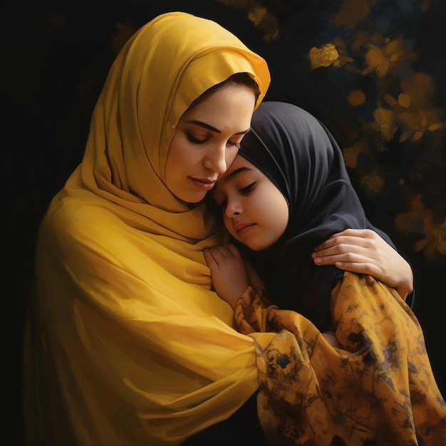 Hijabi Mother And Child Hugging Cute