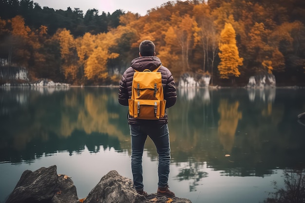 Hike on top of a mountn cliff landscape and trekking in autumn time