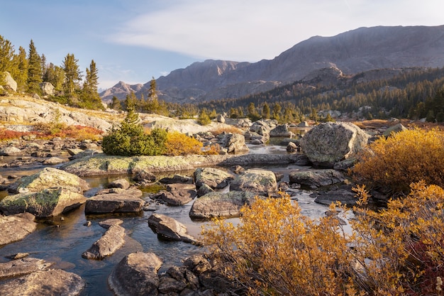 Hike in Wind River Range in Wyoming, USA. Autumn season.