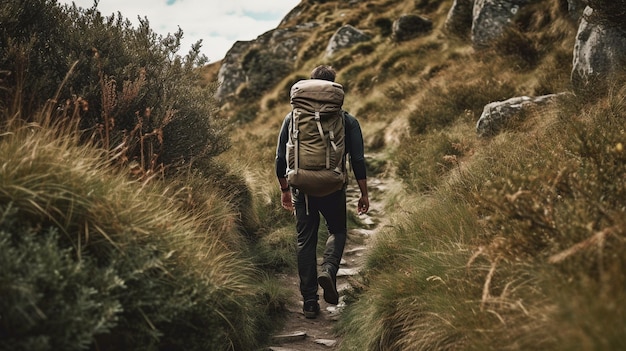 A hiker ascending the route with a bag Generative AI