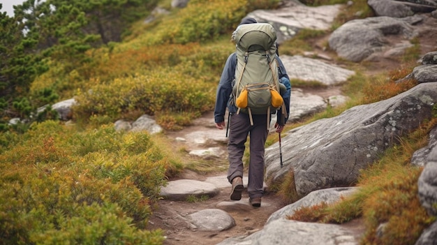 A hiker ascending the route with a bag Generative AI