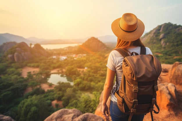 Hiker asian backpacker woman walking to top of mountain