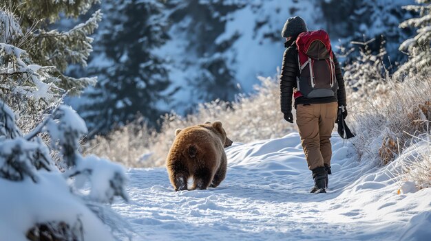 Photo hiker and bear playing in the snow on a winter mountain trail