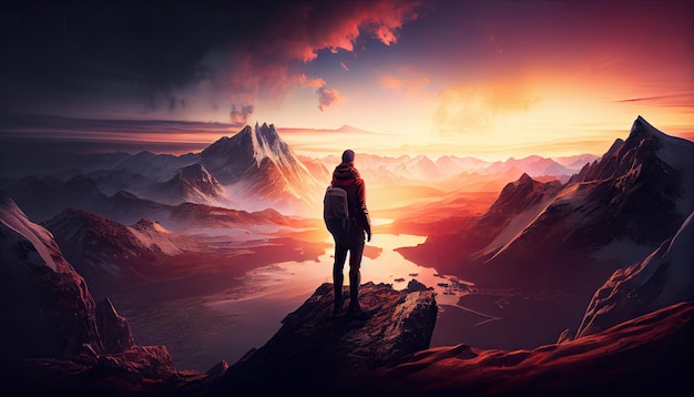 Hiker celebrating success on top of a mountain in a majestic sunrise with Generative AI Technology