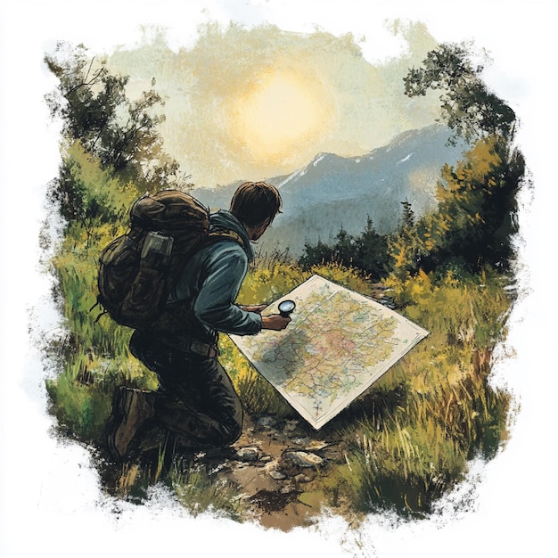 Hiker checking a map and compass before heading out on a trail