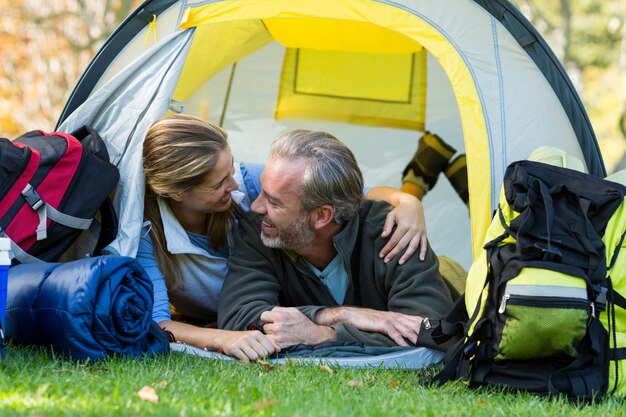 Hiker couple embracing each other