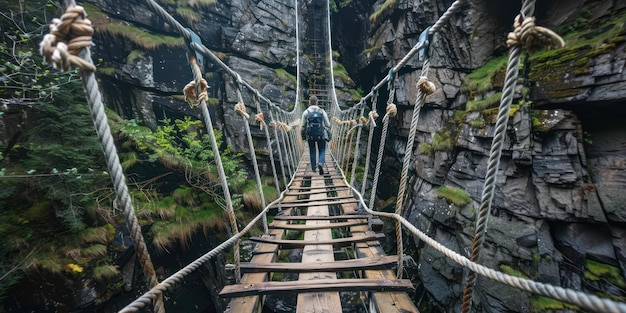 A hiker crossing a rickety rope bridge suspended over a gorge