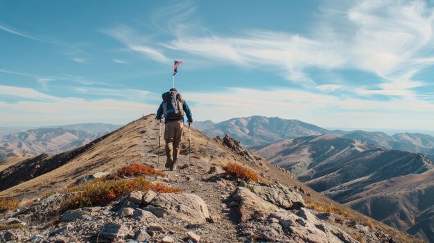 Hiker embarking on journey to reach mountain peak adorned with flag at the summit