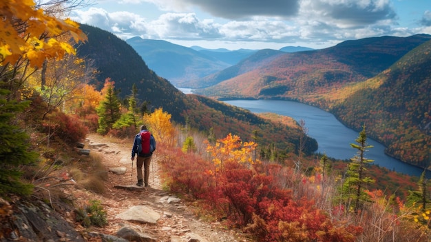 Photo hiker exploring autumn trails in the adirondack mountains near lake