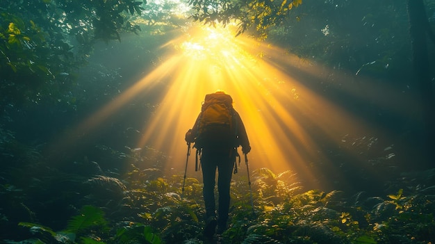 Hiker exploring a sunlit forest with a backpack and trekking poles