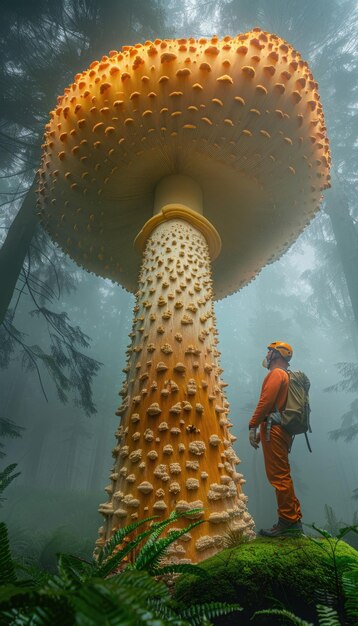 Photo hiker gazing in awe at an enormous mushroom in a misty forest during daylight