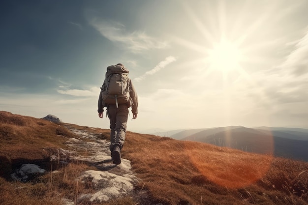 Hiker goes against sky and sun generative AI