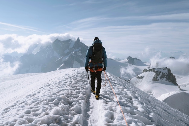 Hiker going up Chamonix Alps in France