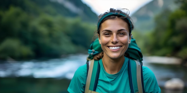 Photo hiker in green shirt smiling by river while facing camera concept outdoor photoshoot hiking adventures nature portrait smiling faces green shirt