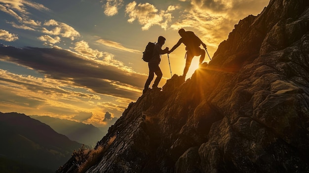 Hiker helping friend reach the mountain Holding hands and walking up the mountain