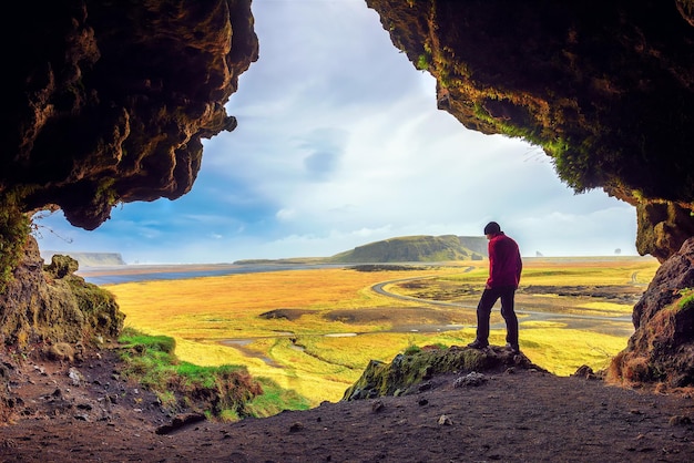 Hiker in the loftsalahellir cave near the village of vik in iceland