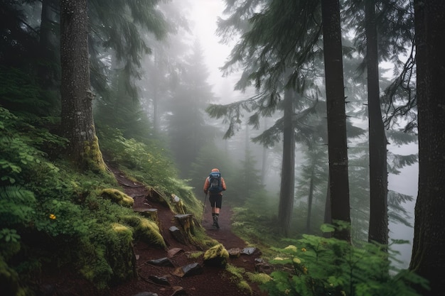 Hiker on a misty trail surrounded by towering trees created with generative ai