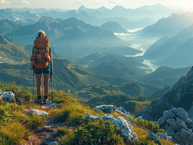 Photo hiker on mountaintop with stunning view of valley and lake