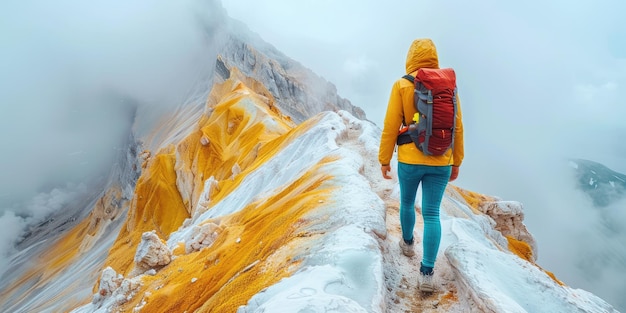 Hiker navigating the colorful terrain of an active volcano during a cloudy day