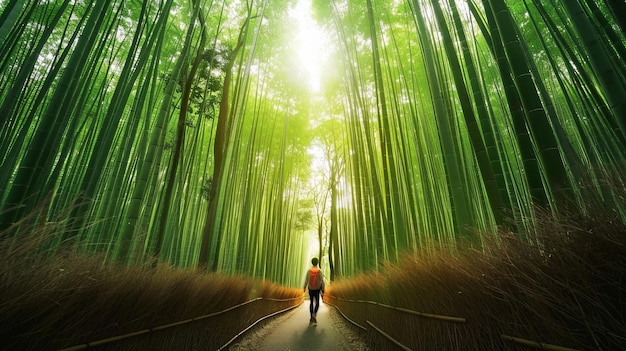 A hiker navigating a dense bamboo forest narrow path