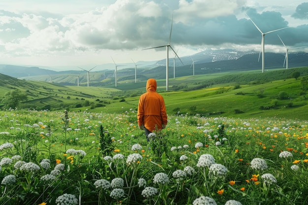 Hiker in Orange Jacket in Field of Wildflowers