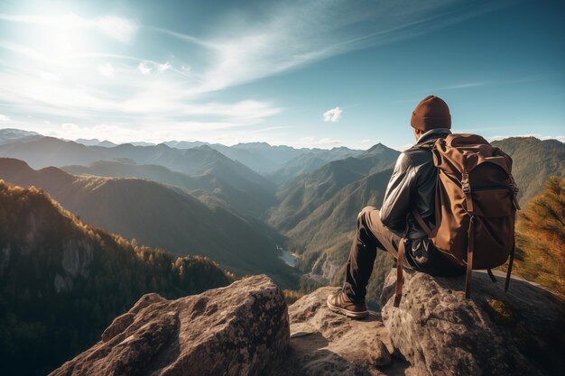 Hiker overlooking mountain panorama at sunrise