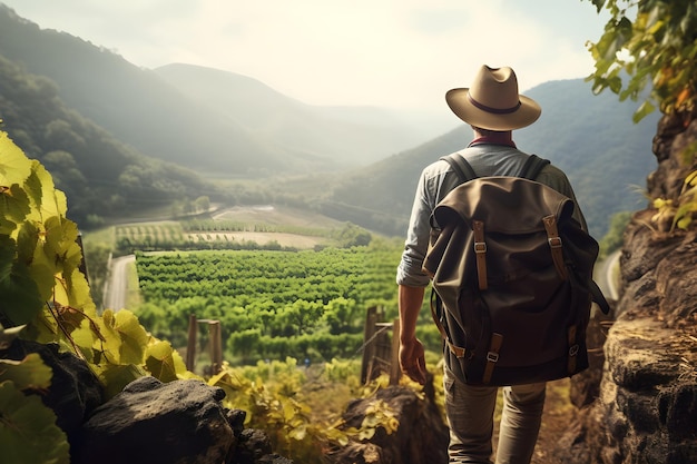 Hiker Overlooking Vineyard in Mountain Valley