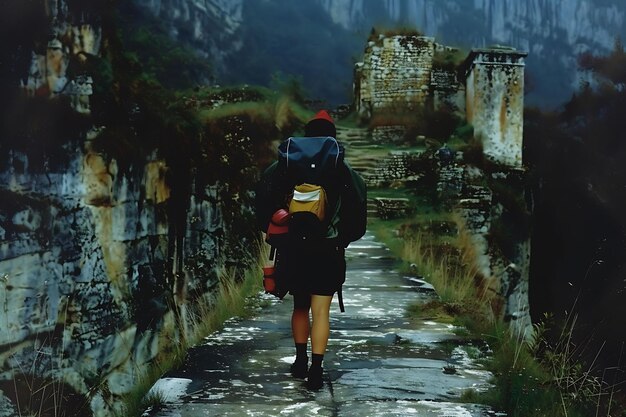 Photo hiker on a path through ancient ruins