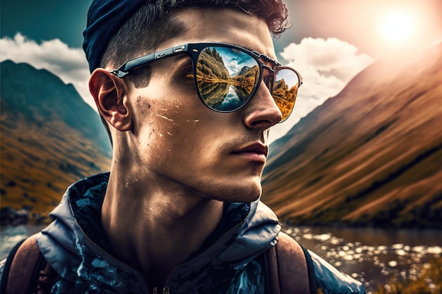 Hiker portrait with sunglasses reflection of wondrous mountain path and sky