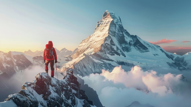 Photo hiker reaching the peak of mount everest surrounded by snowcapped mountains ai generated