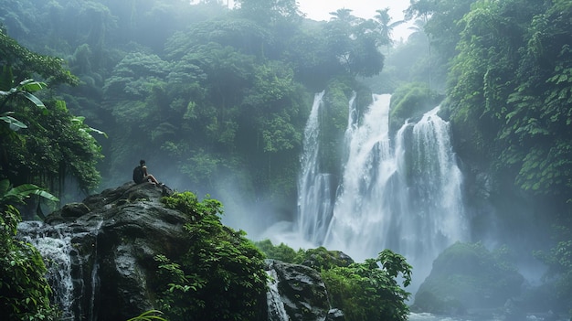 A hiker resting on a large rock beside a waterfall mist from the falls