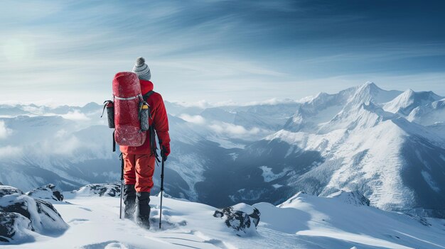 Hiker in Santa hat conquers snowy mountain