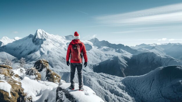 Hiker in Santa hat stands on snowy peak